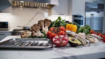 Modern Kitchen Scene Vibrant Food Preparation Showcasing Success and Productivity, Ideal for Corporate Presentations.