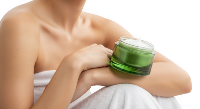 Person holding green jar of cream or lotion on shoulder with white towel wrapped around isolated on transparent background