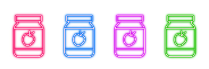 Neon glowing jam jar vector icons set, fruit preserve, jelly, homemade food, sweet snack, vibrant colorful digital design illustration on transparent background.