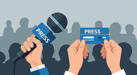 A flat design illustration depicting a microphone and a press pass, symbolizing the active media presence and reporting at the Torino Film Festival.