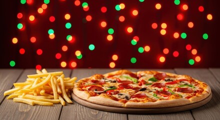 Pepperoni pizza and golden french fries on a wooden table with festive bokeh lights