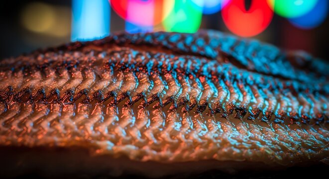 Close Up of Fish Scales with Vibrant Blue and Red Reflections Under Colorful Lights
