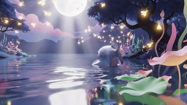 A soft-spoken children's cartoon featuring a silver arowana swimming in a tranquil lake under moonlight, accompanied by glowing fireflies. Cinematic 8K visuals with a magical and calming feel.