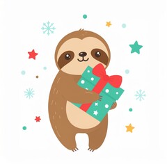Naklejka premium Cute sloth hugging a Christmas gift box, pastel character