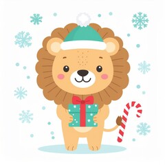 Fototapeta premium Cute lion holding a gift box, pastel color character, playful Christmas