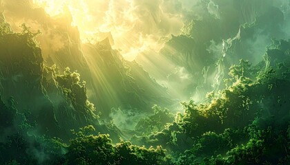 Obraz premium Sunbeams Through Verdant Canopy A Landscape of Light and Shadow