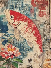 Vintage Ukiyo-e Japanese Style Design with Fish
