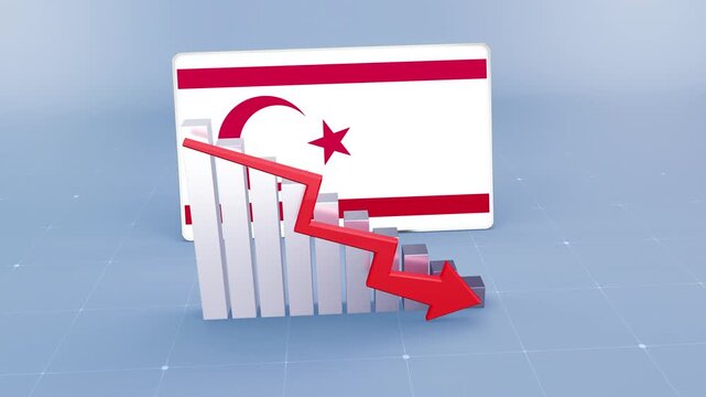 Turkish Republic of Northern Cyprus Flag and Bar Chart Graph Showing Decreasing Values a Red Arrow Economic Crisis Concept