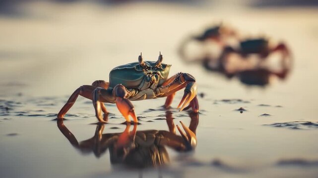 A crab reflected in the shallow water of a beach at sunset