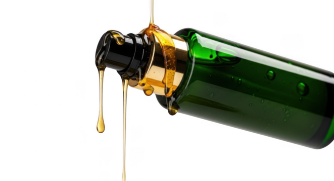 Closeup of golden liquid pouring from green glass bottle with black cap, isolated on transparent background
