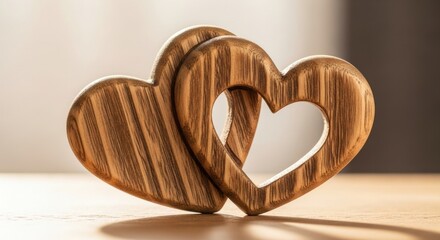 Intertwined wooden hearts symbolizing love and unity on a warm wooden surface