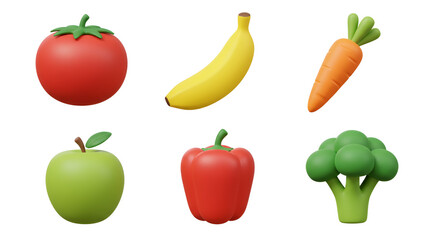 Collection of Fresh Fruits and Vegetables Isolated on White Background.