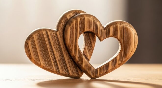 Intertwined wooden hearts symbolizing love and unity on a warm wooden surface