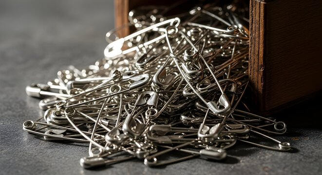 Safety pins spilling from vintage wooden box offer nostalgic crafting vibes and evoke memories of sewing projects with timeless simplicity