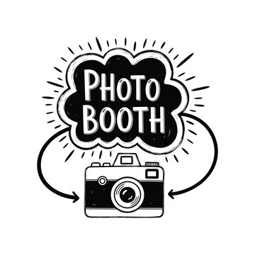 Photo booth sign with vintage camera and speech bubble text