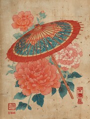 Vintage Ukiyo-e Japanese Style Design with Umbrella