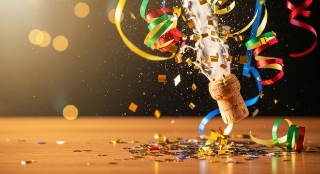 Champagne cork popping with confetti and streamers for festive celebration