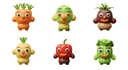 Cute cartoon vegetable characters collection isolated on white background.