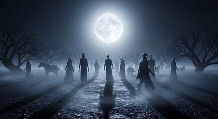 Mysterious figures walk under a full moon on a foggy night.