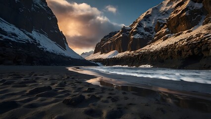 Majestic snowy mountain valley with river and golden sunset light reflecting on the landscape