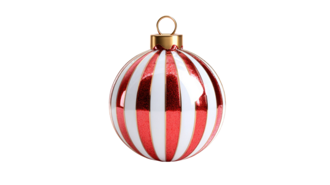 Red and white striped Christmas ornament ball with golden cap for festive holiday decoration isolated on white background