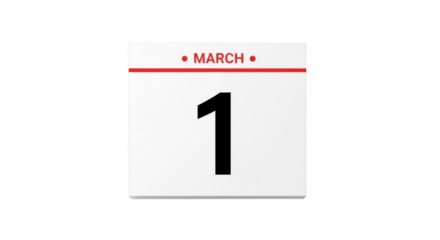 Calendar page showing march 1st date isolated on transparent background