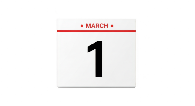 Calendar page showing march 1st date isolated on transparent background