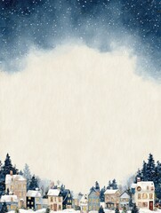 Watercolor painting of a cozy village under a starry night sky, exuding winter holiday charm.