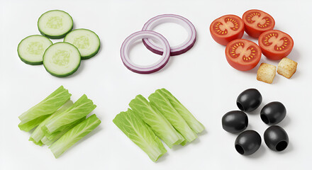 Fresh Salad Ingredients Arranged on White Background.
