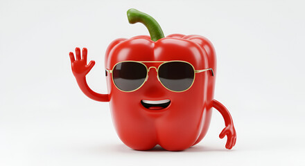 Funny Red Pepper Character Wearing Sunglasses Waving Hello.