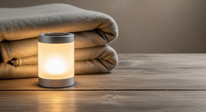 Warm glowing lamp on wooden table with cozy blankets in a calm indoor setting