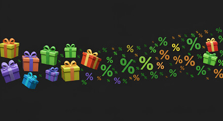 Gift Boxes and Percentage Symbols on a Dark Background.