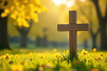 Warm spring sunlight, yellow forsythia blossoms and a wooden cross , texture, symbolism