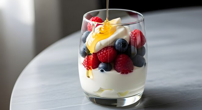 Indulge in this vibrant yogurt parfait with honey drizzled over fresh raspberries and blueberries for a healthy, delicious start to the day
