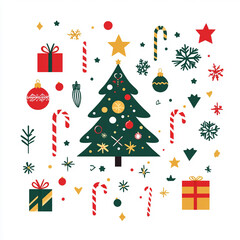 Modern Christmas illustration scene: tree, ornaments, gifts, and festive stars. Simple and stylish geometric composition