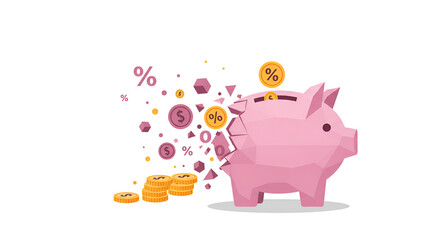 Pink Piggy Bank Receiving Coins and Percentage Symbols.