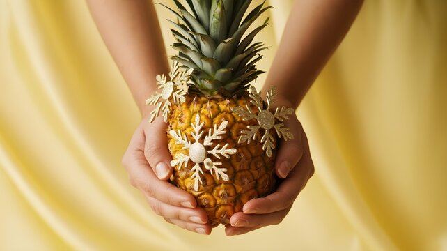 Hands hold a festive pineapple adorned with golden snowflakes against a soft yellow backdrop, blending tropical warmth with winter cheer - Powered by Adobe