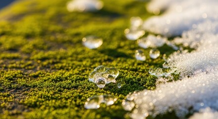Green moss with melting snow and ice droplets illuminated by sunlight
