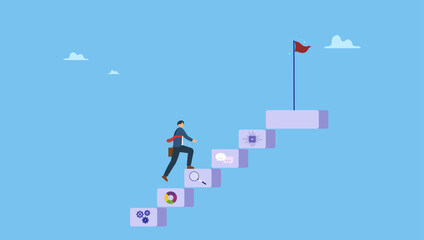 Businessman walk up new skill stair to reach career success. Upskill or reskill to improve self development for career success, learning course or develop new skill, employee growth or progress.