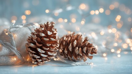 A close-up of a beautifully decorated Christmas tree adorned with pinecones and twinkling lights, perfect for web design or print advertising, creating a warm and inviting festive atmosphere.
