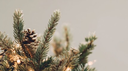 A close-up of a beautifully decorated Christmas tree adorned with pinecones and twinkling lights, perfect for web design or print advertising, creating a warm and inviting festive atmosphere.