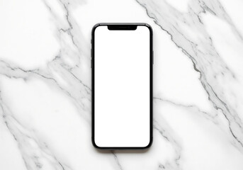 Smartphone with Blank White Screen Display on White Marble Background from Overhead in Vertical Orientation for Mockup Realistic Cellphone Frameless Device Minimalist Modern Clean