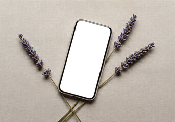 Smartphone with Blank Screen on Burlap Background Surrounded by Dried Lavender Twigs Top Down View Mobile Phone Burlap Neutral Color Scheme Minimalist Composition