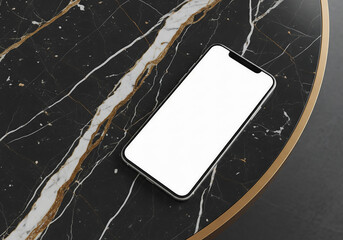 Smartphone with Blank White Screen on a Black Marble Table with Gold Veins Top View Product Photography Still Life for Mockup and Template in Studio Lighting Setting