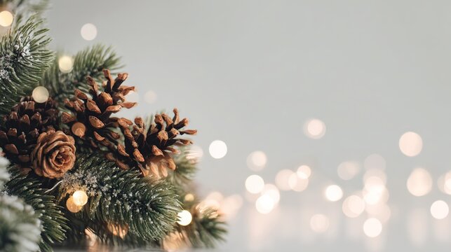A close-up of a beautifully decorated Christmas tree adorned with pinecones and twinkling lights, perfect for web design or print advertising, creating a warm and inviting festive atmosphere.