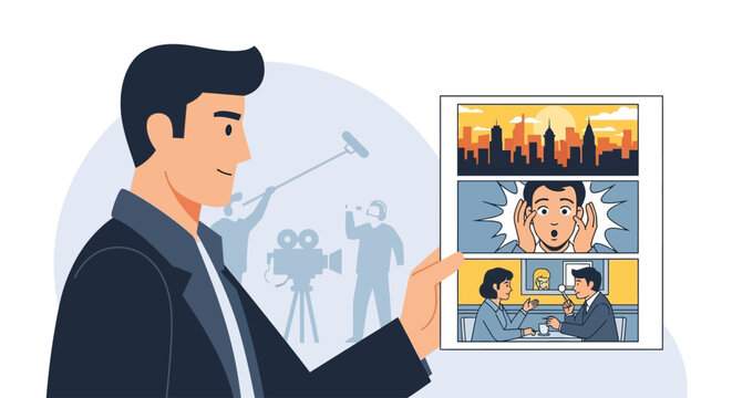 This flat design illustration depicts a director reviewing a storyboard, symbolizing the creative vision and artistic direction behind the films .