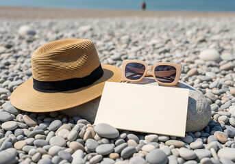 Summer Beach Scene with Straw Hat Beige Sunglasses and Cream Card on Pebbles in Warm Sunlight on Shoreline with Blurred Figure