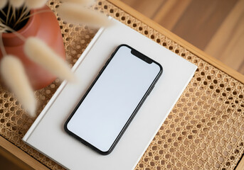 Top Down View of Smartphone on White Book with Brown Vase and Wheat Stalks on Rattan Table with Wood Background Soft Natural Lighting
