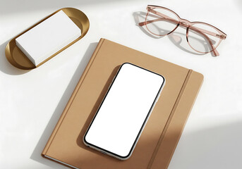 Top View of Blank Smartphone on Brown Notebook with Business Cards and Glasses on White Table in Bright Sunlight Minimalist Office Desk Still Life