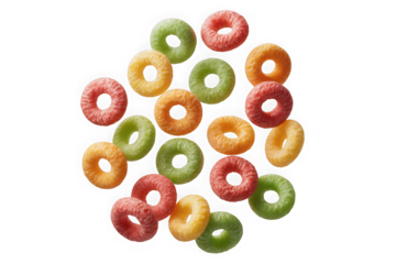 Floating Colorful Fruit Cereal Loops isolated on transparent background. PNG